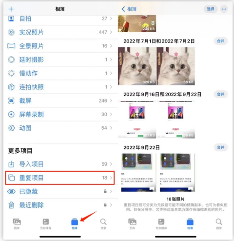三门苹果手机维修分享iOS 16 中相册重复项目功能使用方法 