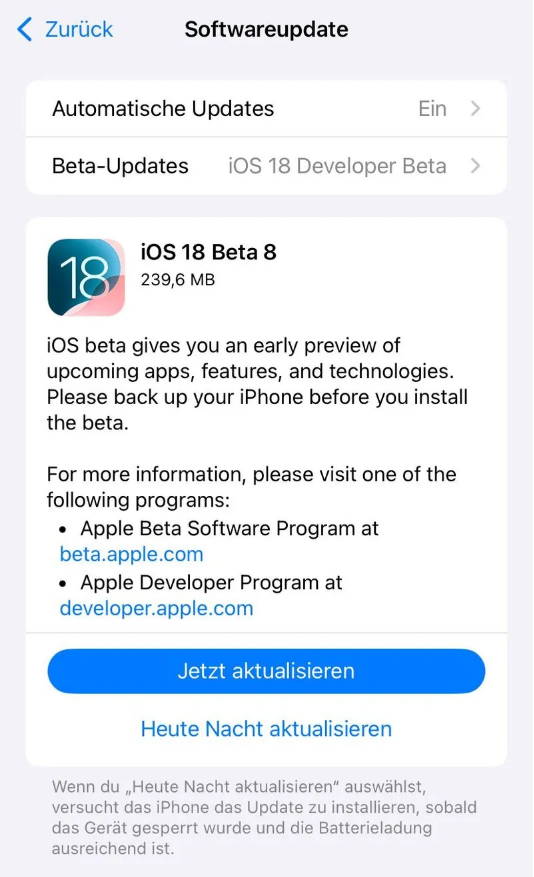 三门苹果手机维修分享苹果 iOS / iPadOS 18 开发者预览版 Beta 8 发布 